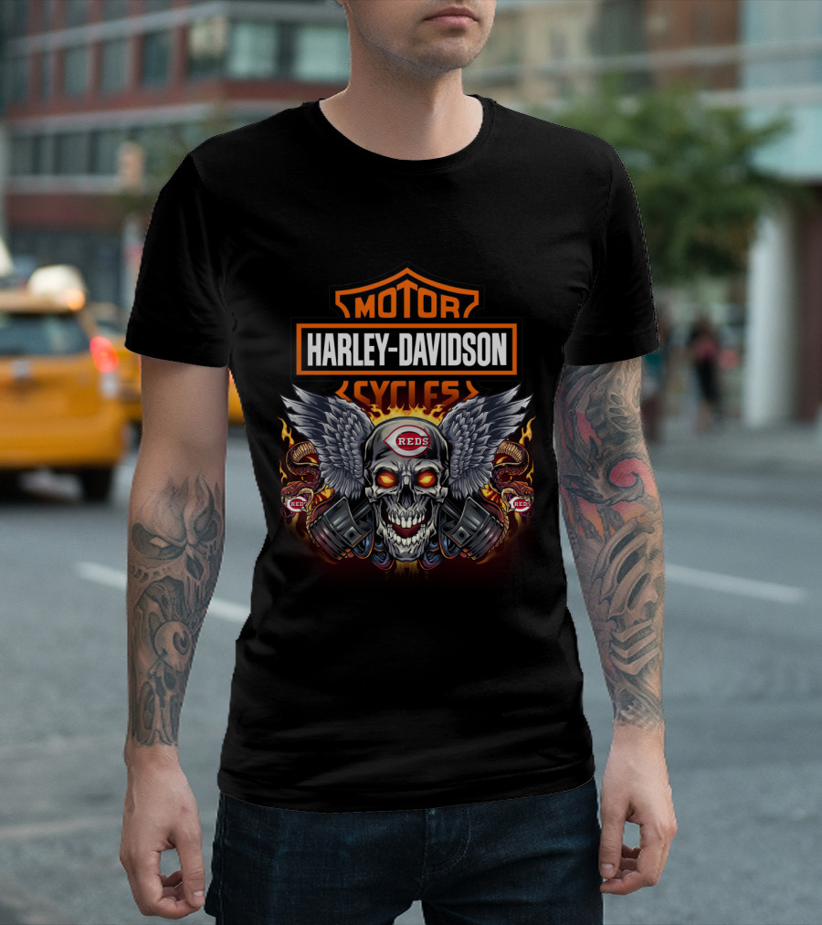 Harley Davidson Motor Cycles Reds Skull Wings Fire Pistons T-Shirt
