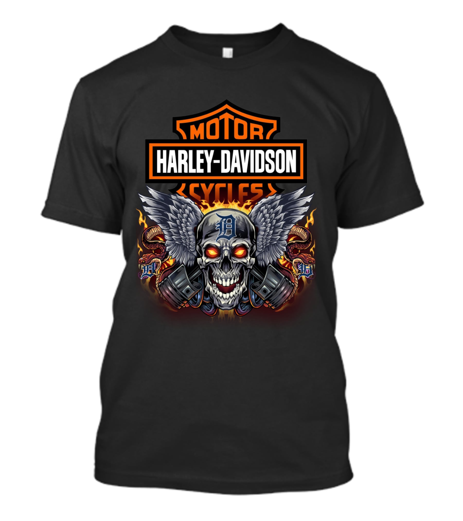 Harley Davidson Motor Cycles Winged Skull With Detroit Tigers Symbol T-Shirt
