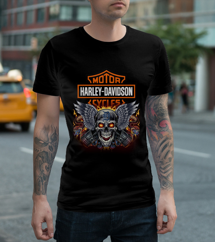 Harley Davidson Motor Cycles Winged Skull With Detroit Tigers Symbol T-Shirt