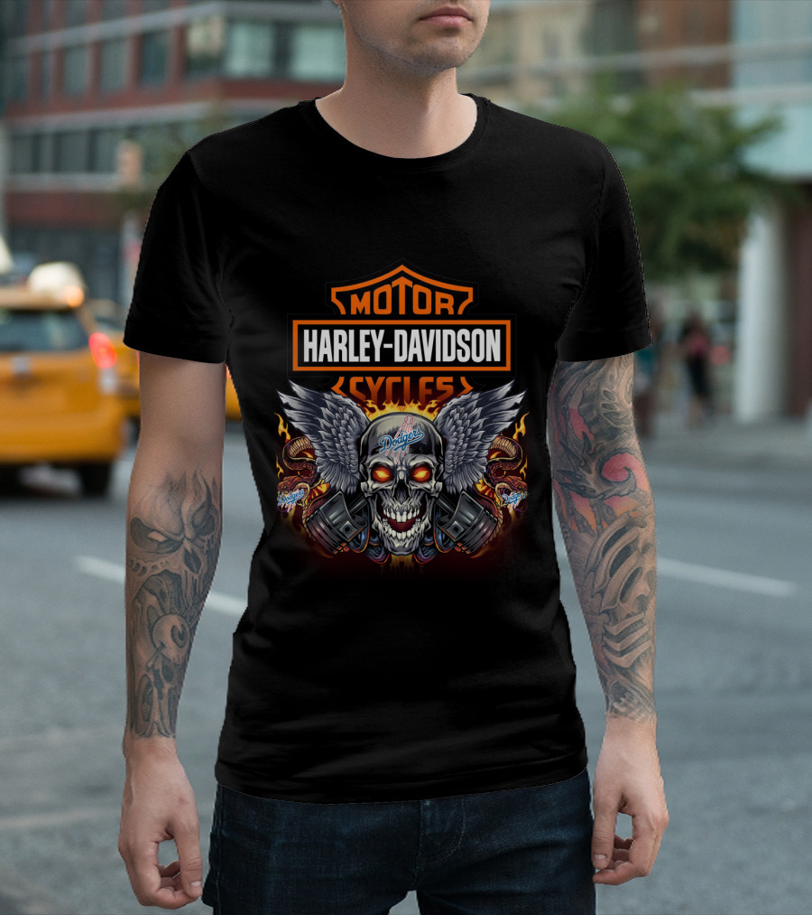 Harley Davidson Motor Cycles Los Angeles Dodgers Skull Wings Fiery Snakes T-Shirt