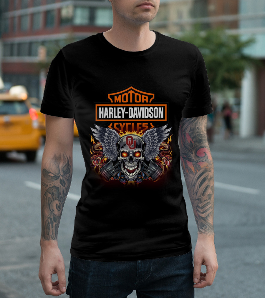 Harley Davidson Motor Cycles Ou Skull Wings Flames T-Shirt