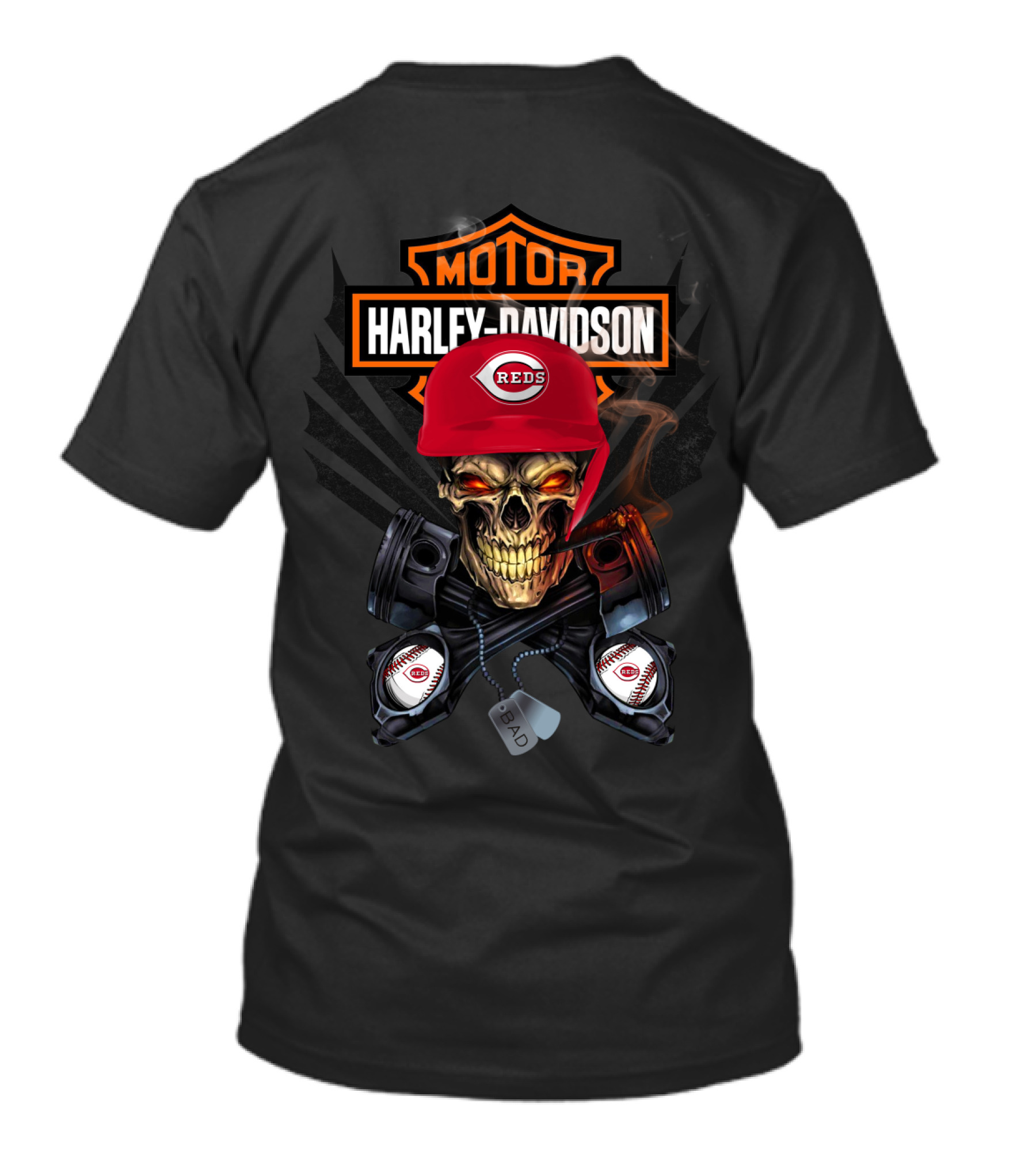Cincinnati Reds Harley Davidson Skull With Engine Pistons Helmet T-Shirt