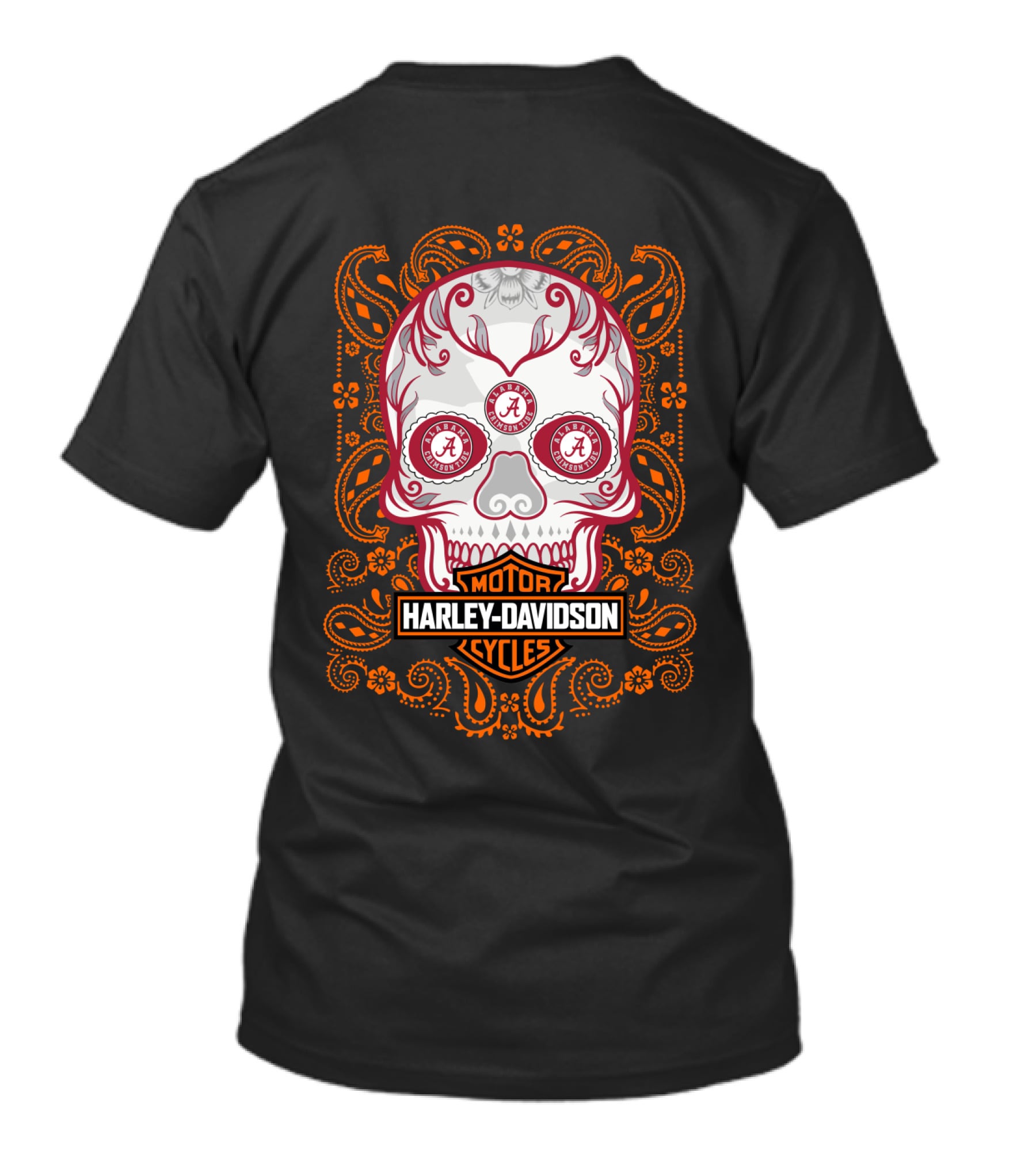 Harley Davidson Motor Cycles Skull Art With Orange Paisley Border T-Shirt