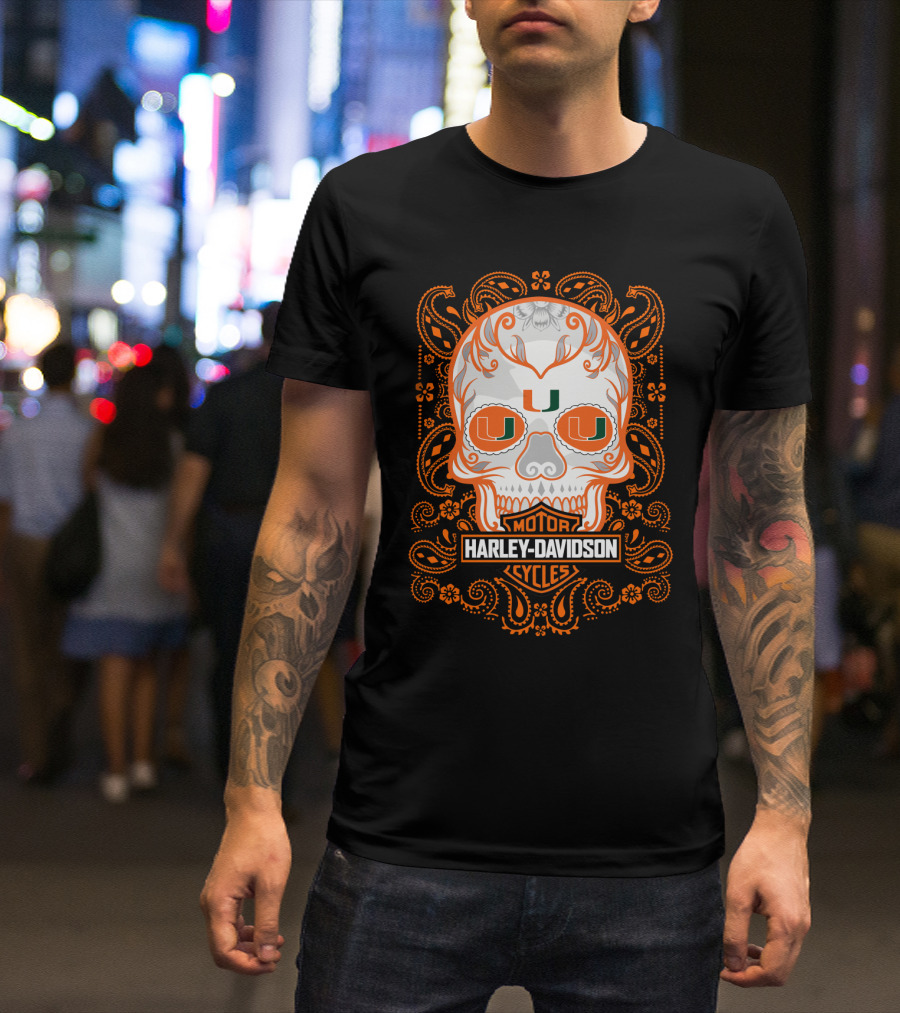 Harley Davidson Motor Cycles Miami Hurricanes U Skull T-Shirt