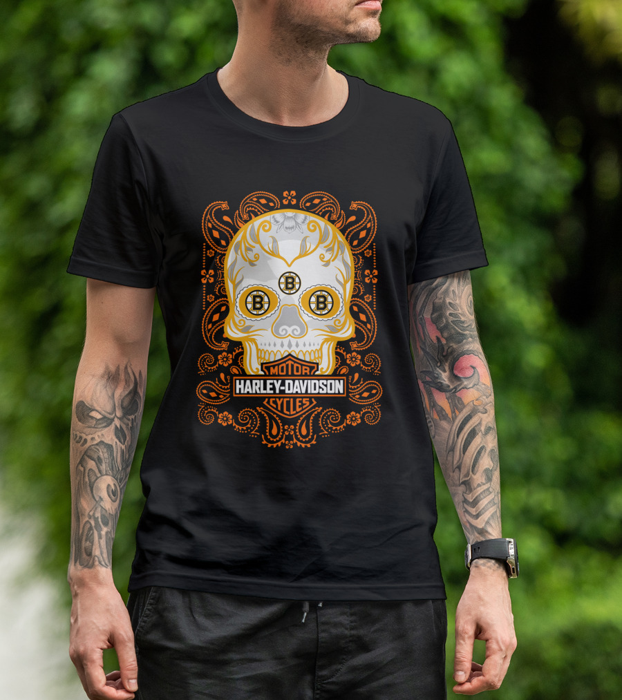 Harley Davidson Motor Cycles Boston Bruins Nhl Sugar Skull T-Shirt