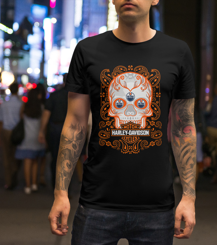 Harley Davidson Motor Cycles Oilers Nhl Skull T-Shirt