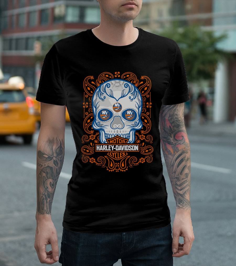 New York Islanders Harley Davidson Skull Motorcycles T-Shirt