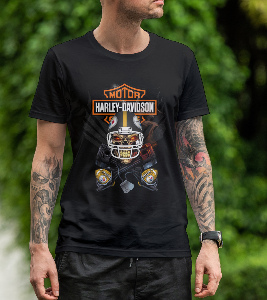 Harley Davidson Pittsburgh Steelers Skeleton Helmet Bad Dog Tags T-Shirt