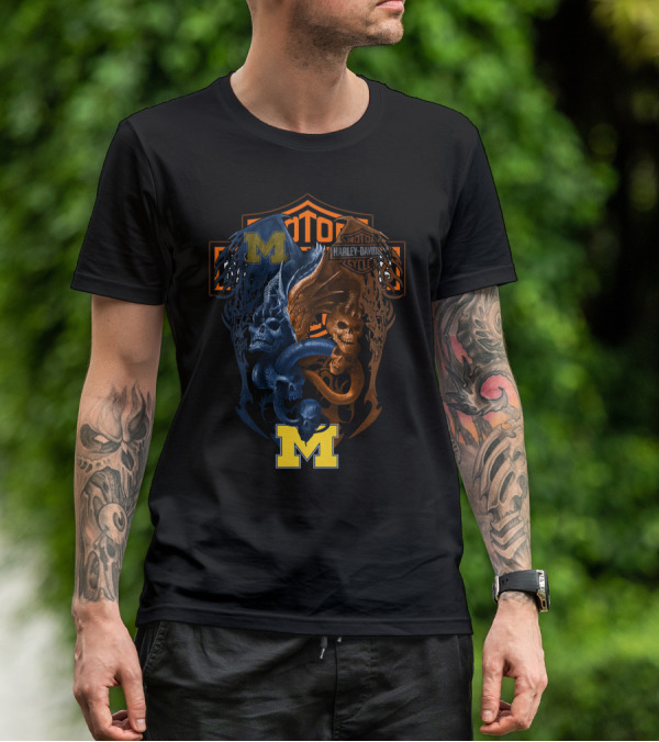 M Michigan Harley Davidson Skull And Dragon Crest T-Shirt