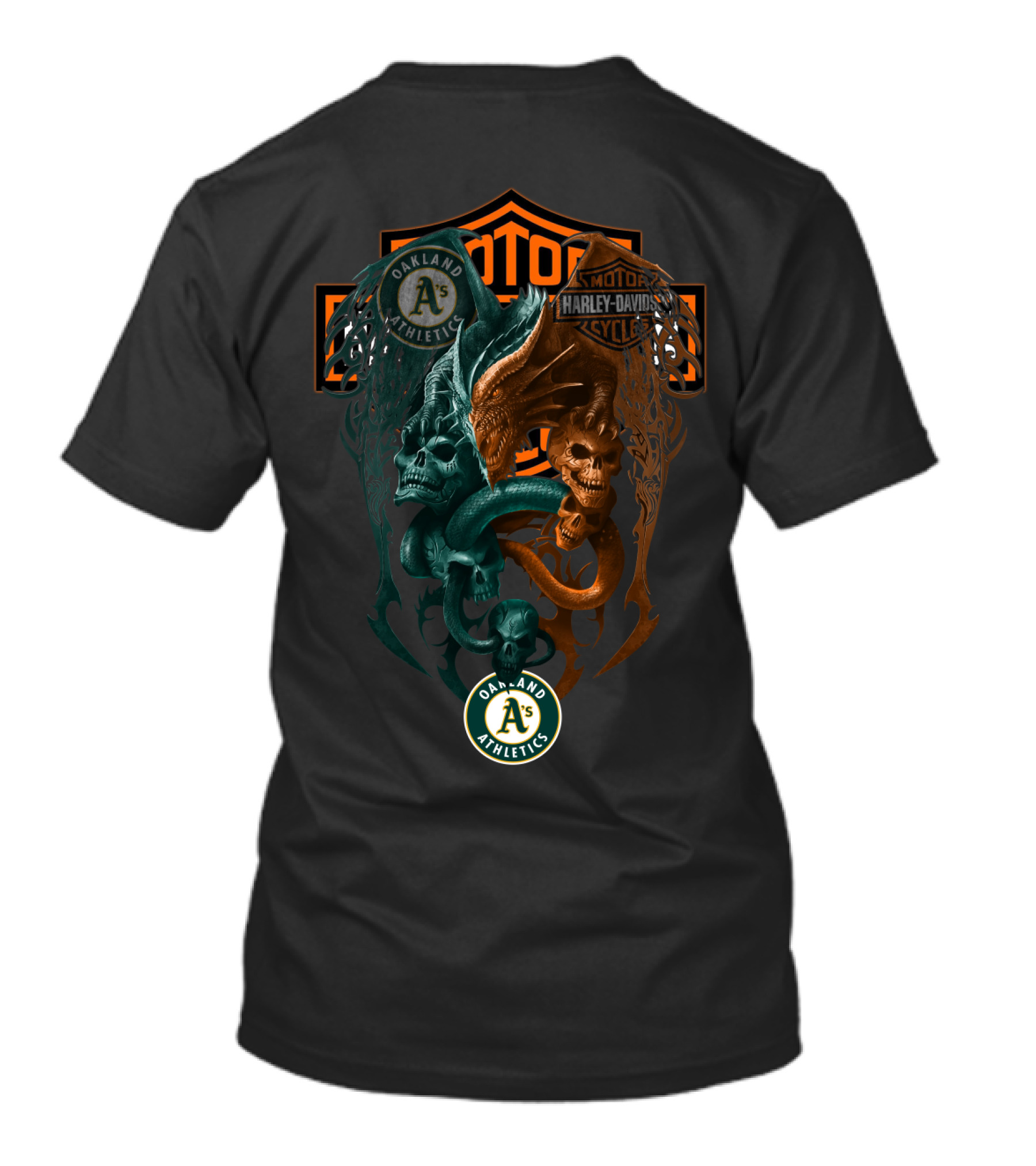 Oakland Athletics Harley Davidson Motorcycles Dual Skull Serpents T-Shirt