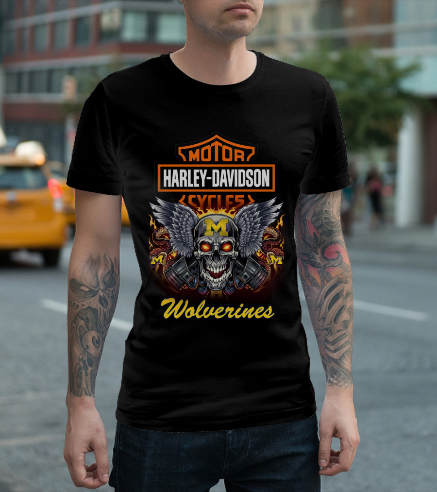Harley Davidson Motor Cycles Michigan Wolverines Skull Wings T-Shirt