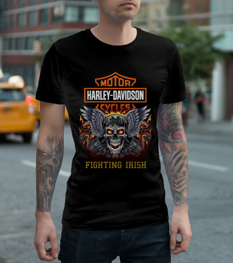 Harley Davidson Cycles Notre Dame Fighting Irish Skull With Wings And Engine Pistons T-Shirt