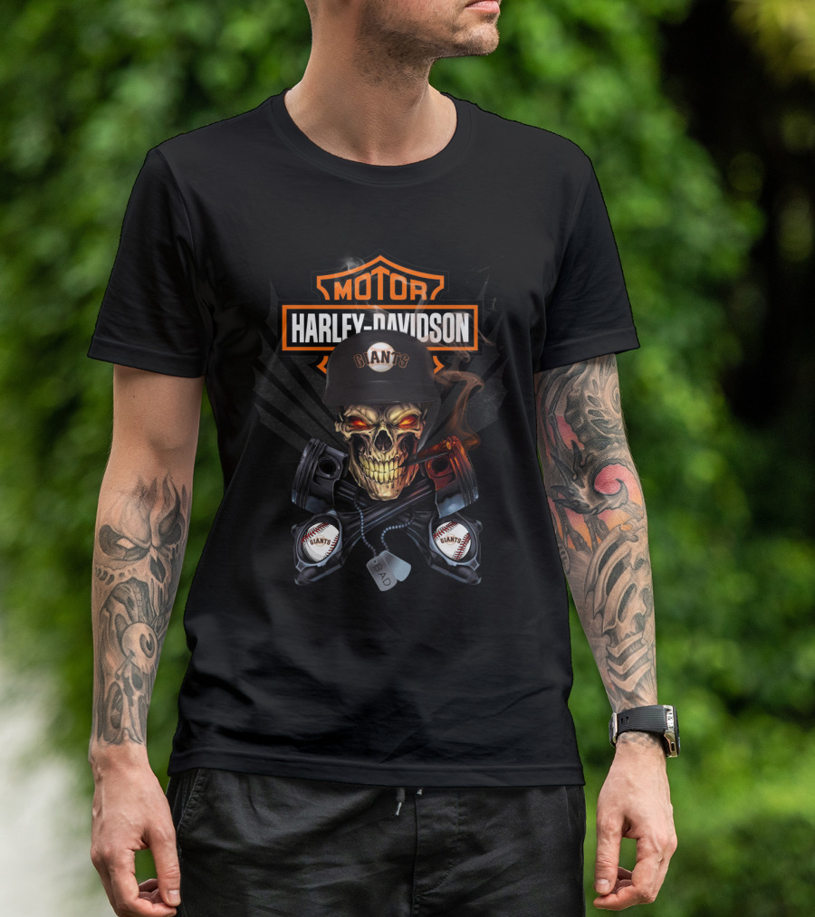 Harley Davidson Giants Skull With Piston And Baseball Elements T-Shirt