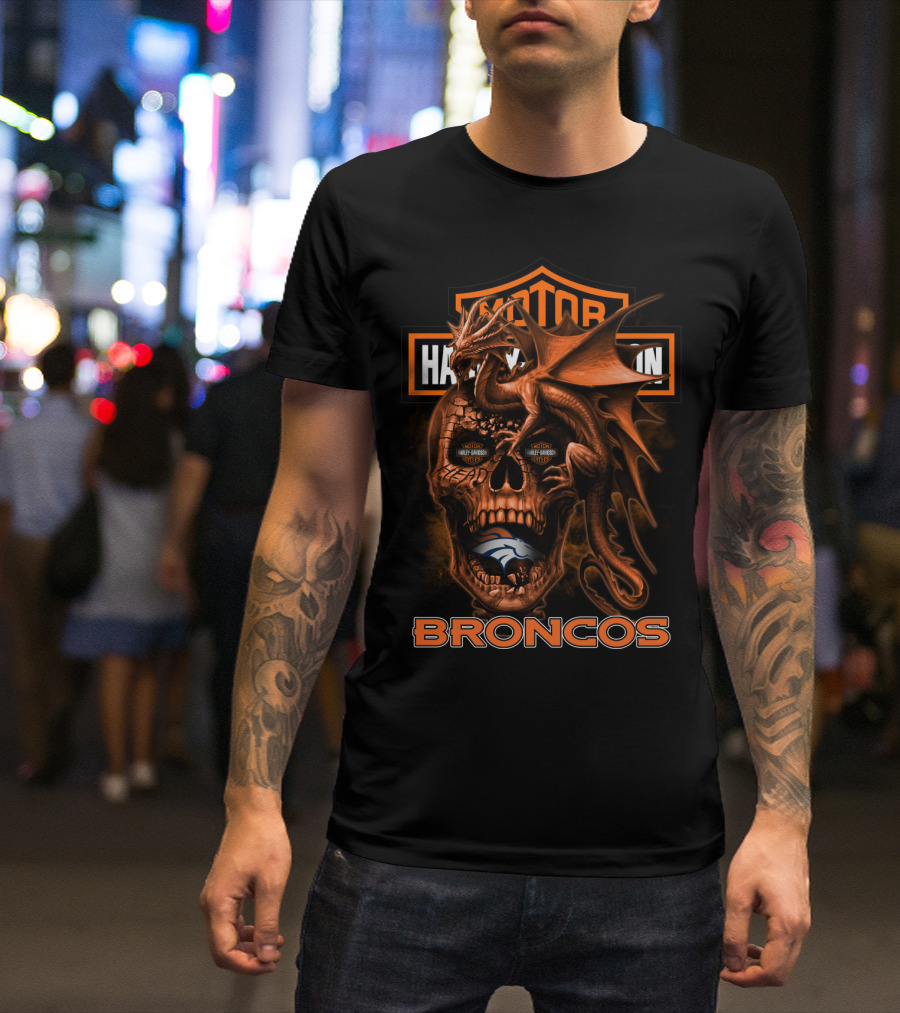 Motor Harley Davidson Cycles Denver Broncos Dragon Skull T-Shirt