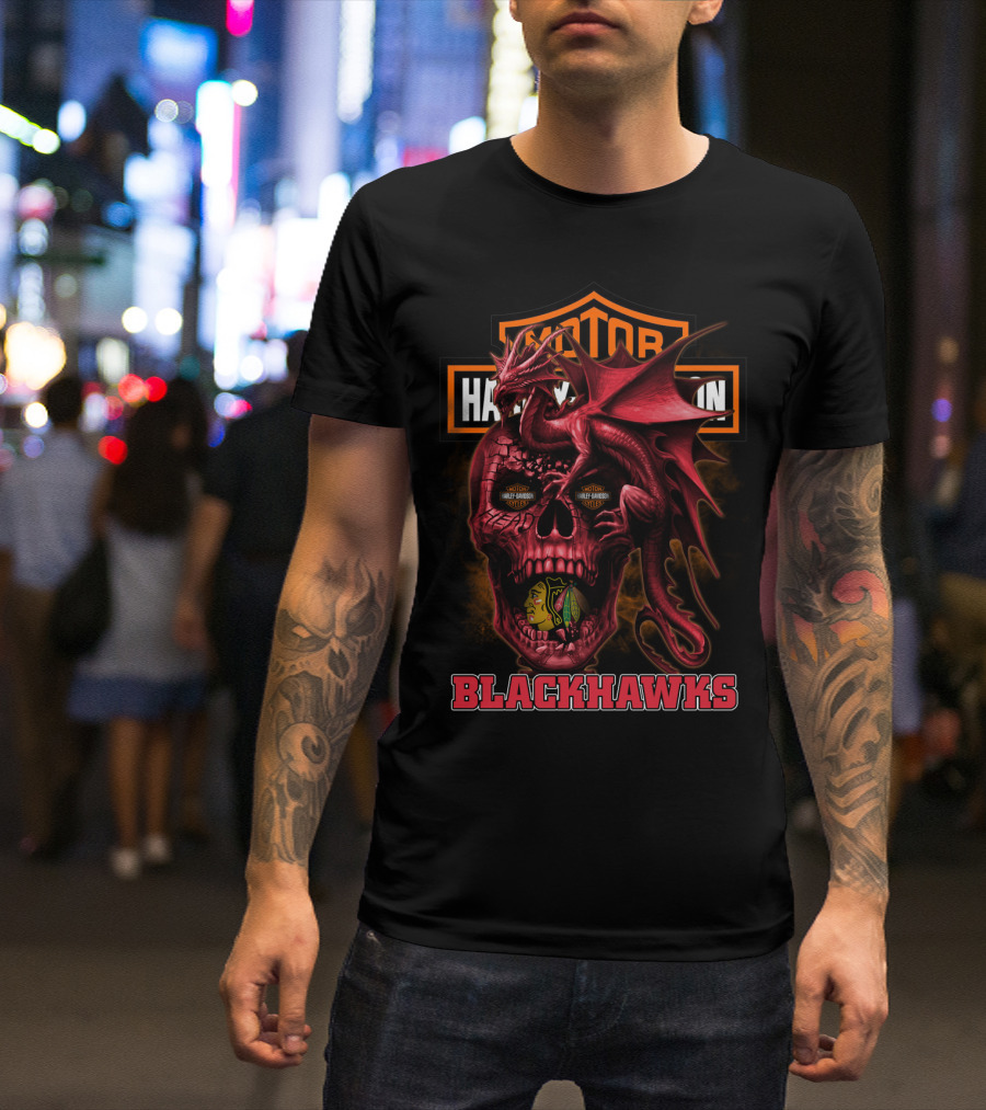 Chicago Blackhawks Red Dragon Skull With Harley Davidson Styles T-Shirt