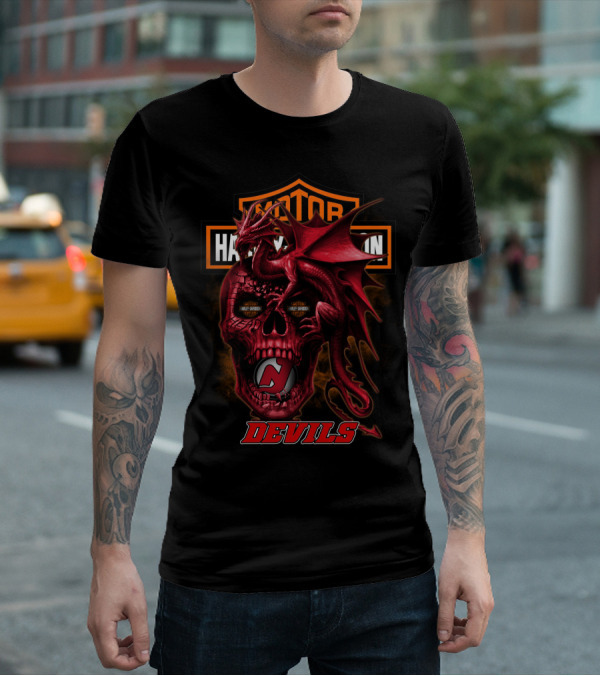 New Jersey Devils Motor Harley Davidson Cycles Red Dragon Skull T-Shirt