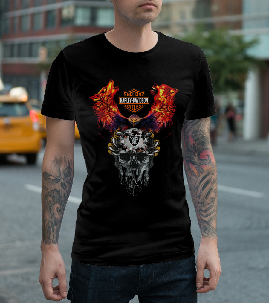 Or Harley Davidson Raiders 75 Skull Eagle Wolves T-Shirt