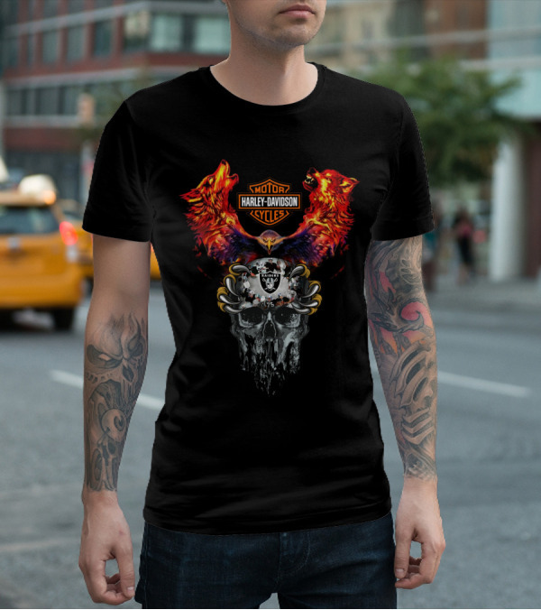 Or Harley Davidson Raiders 75 Skull Eagle Wolves T-Shirt