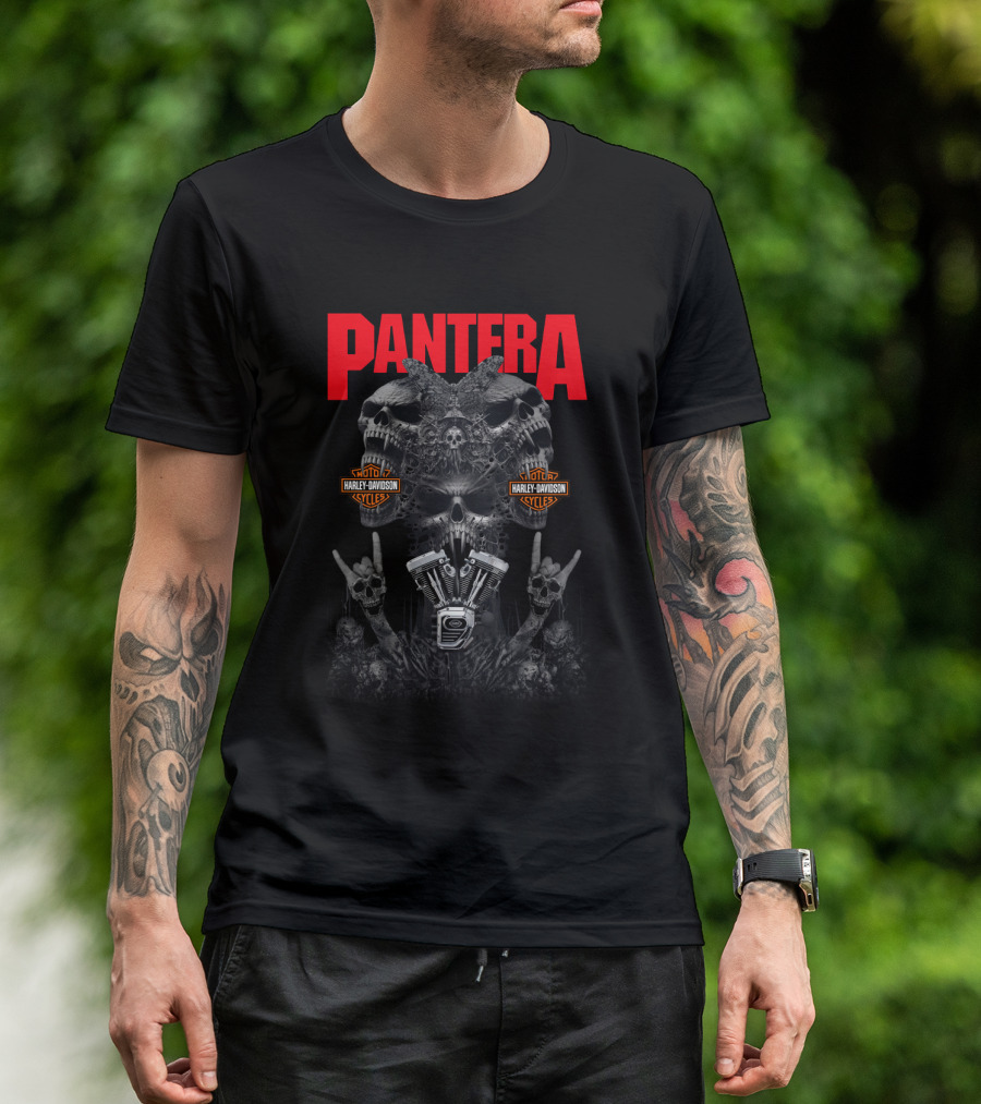 Pantera Harley Davidson Skulls And Engine Art T-Shirt