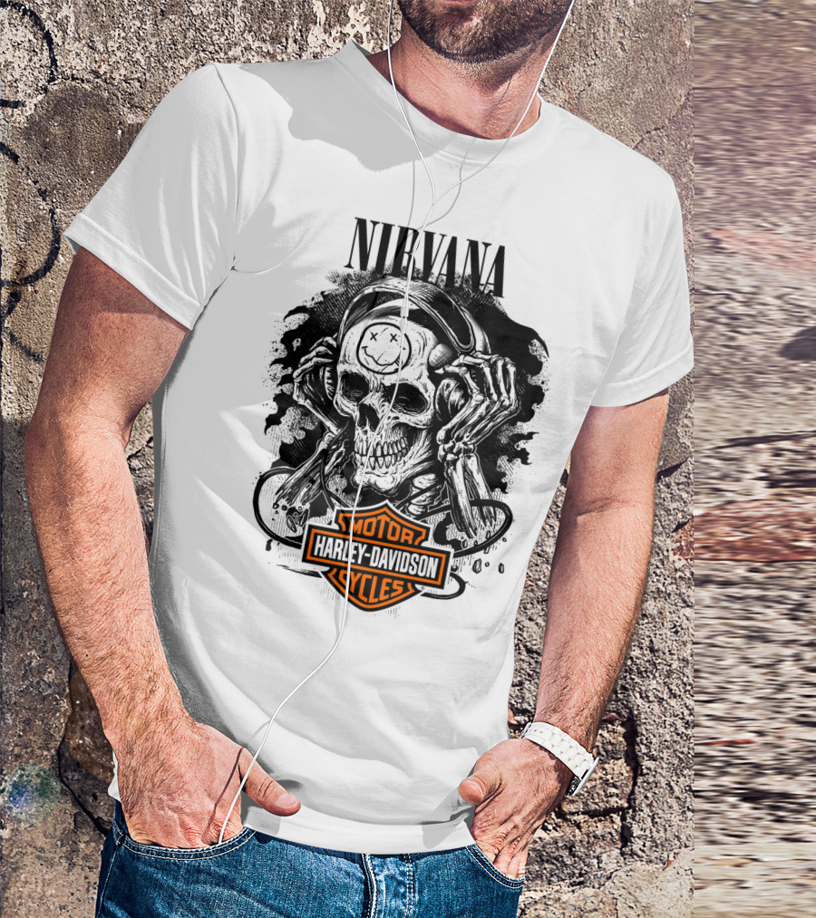 Nirvana Harley Davidson Skull With Headphones T-Shirt