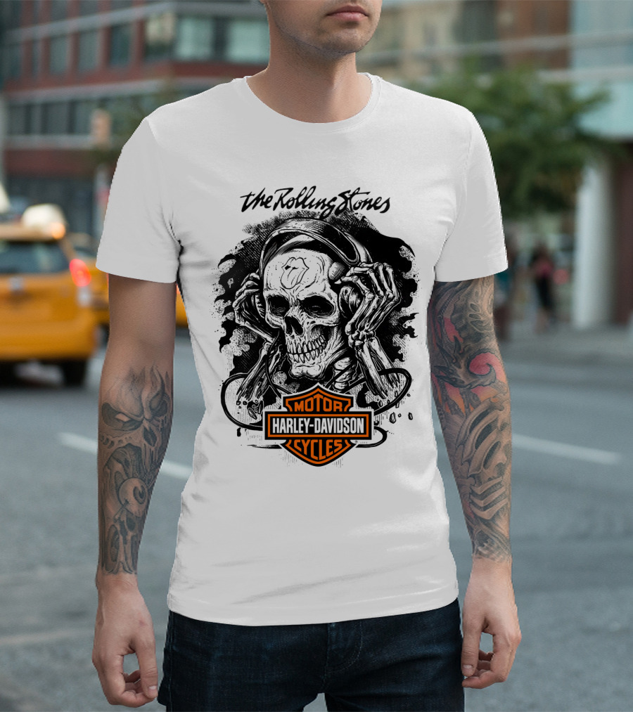 The Rolling Stones Harley Davidson Motor Cycles Skull Art T-Shirt
