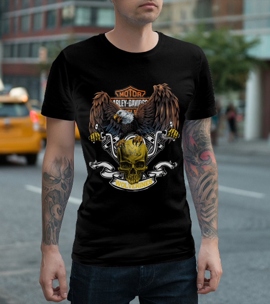 Motor Harley Davidson Cycles Eagle Skull Wolverines Michigan T-Shirt