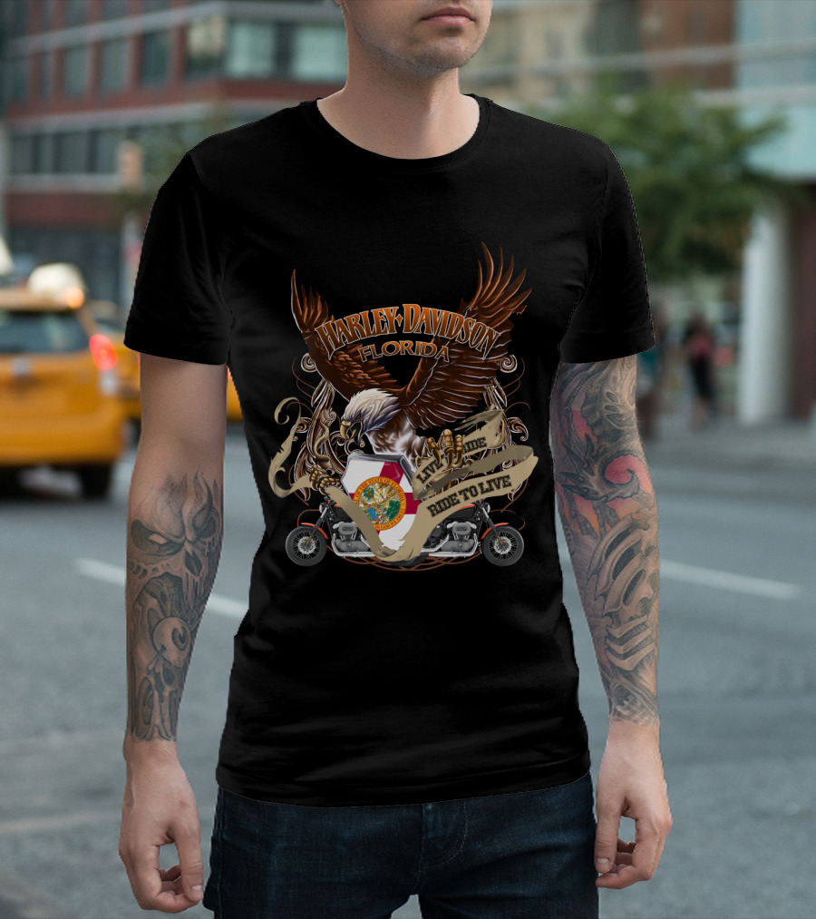 Harley Davidson Florida Live To Ride Eagle And Motorcycle Seal T-Shirt