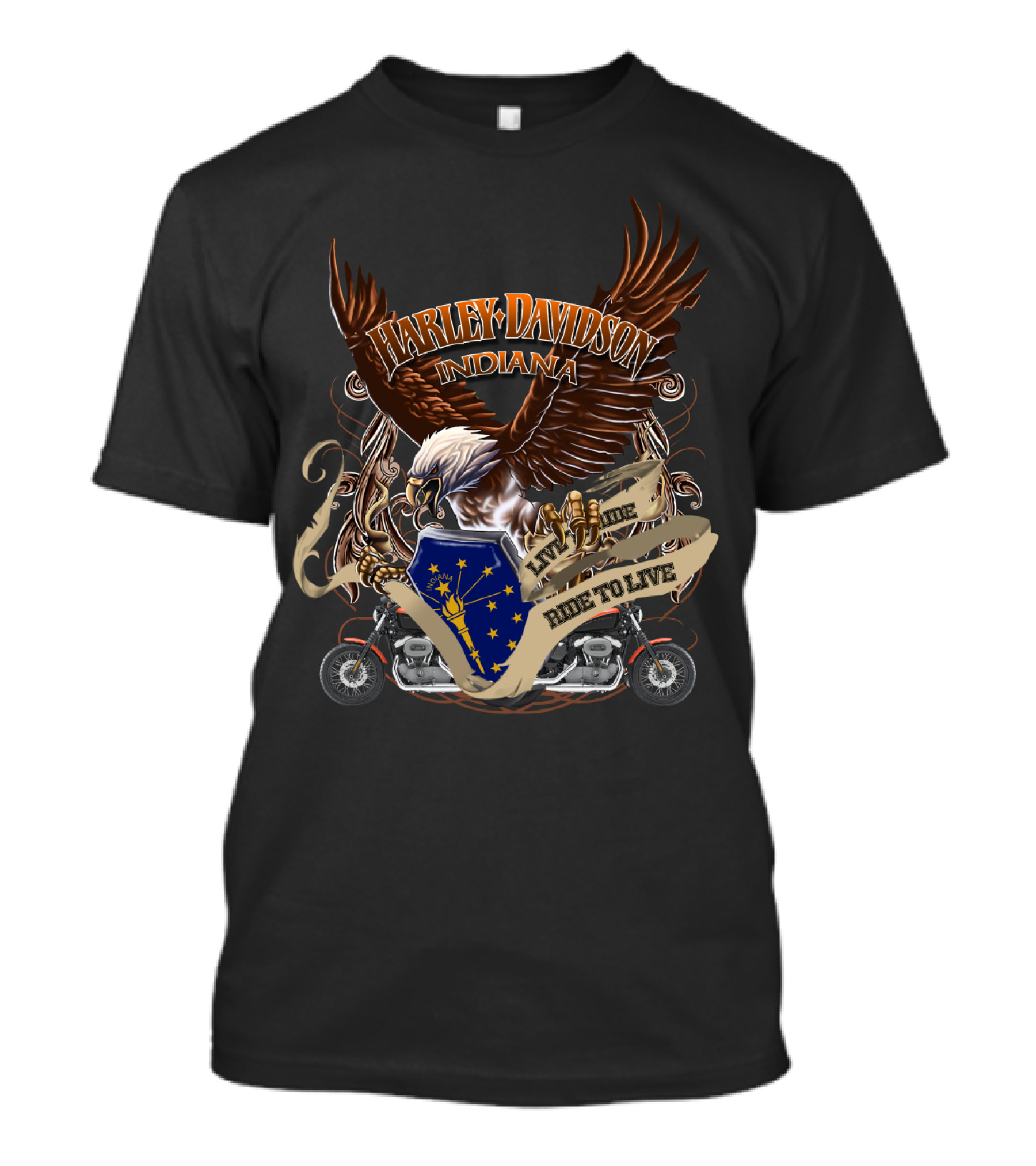 Harley Davidson Indiana Live To Ride Ride To Live Eagle And Motorcycle Badge T-Shirt