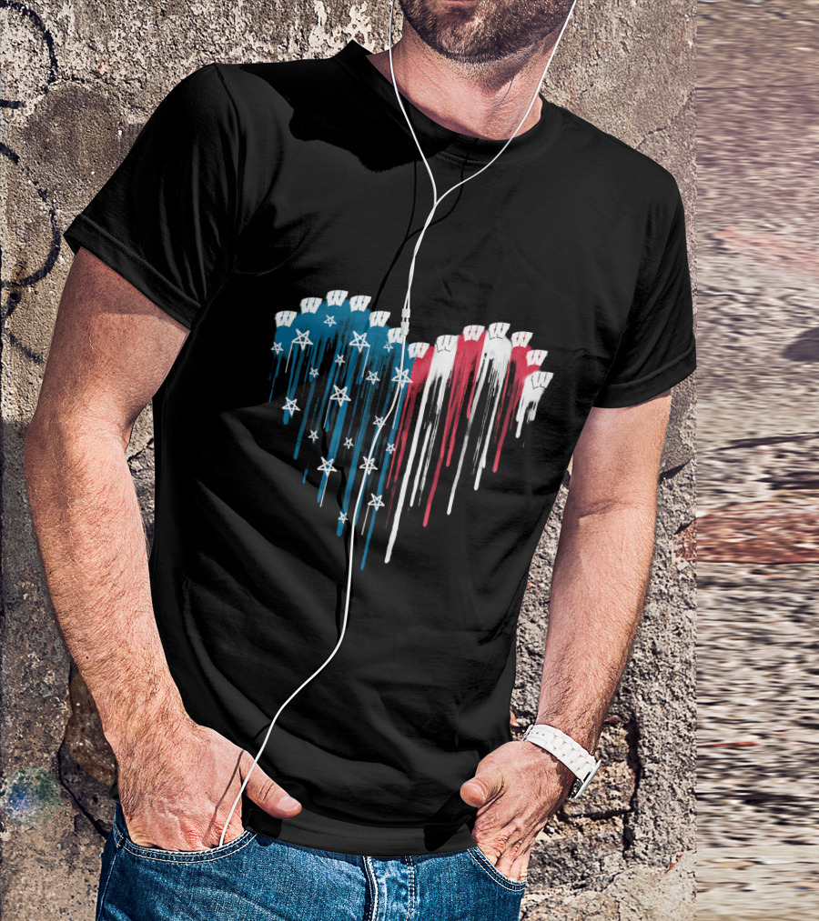 Wisconsin Badgers Heart Flag Design With Stars And Stripes Dripping Effect T-Shirt