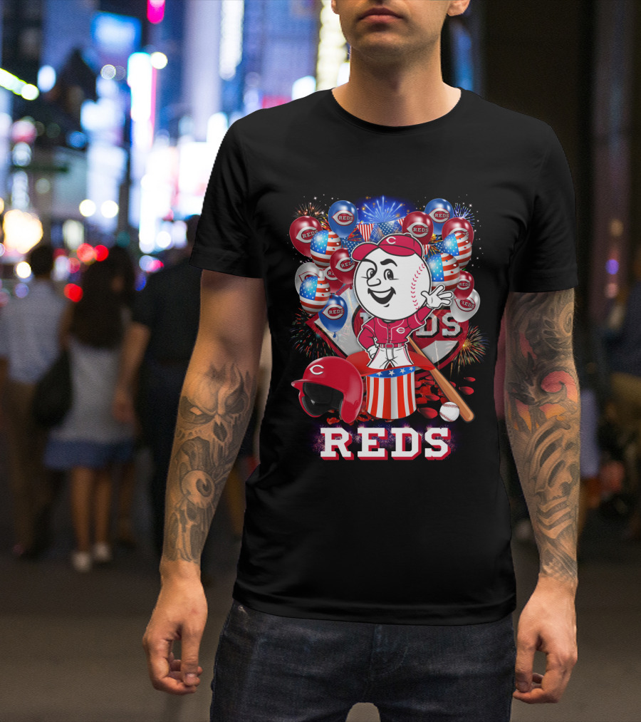 Mlb Cincinnati Reds Baseball Mascot Celebration With Fireworks And Patriotic Details T-Shirt