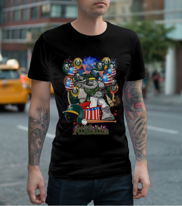 Mlb Oakland Athletics Fireworks Celebration With American Flags And Baseball Elements T-Shirt