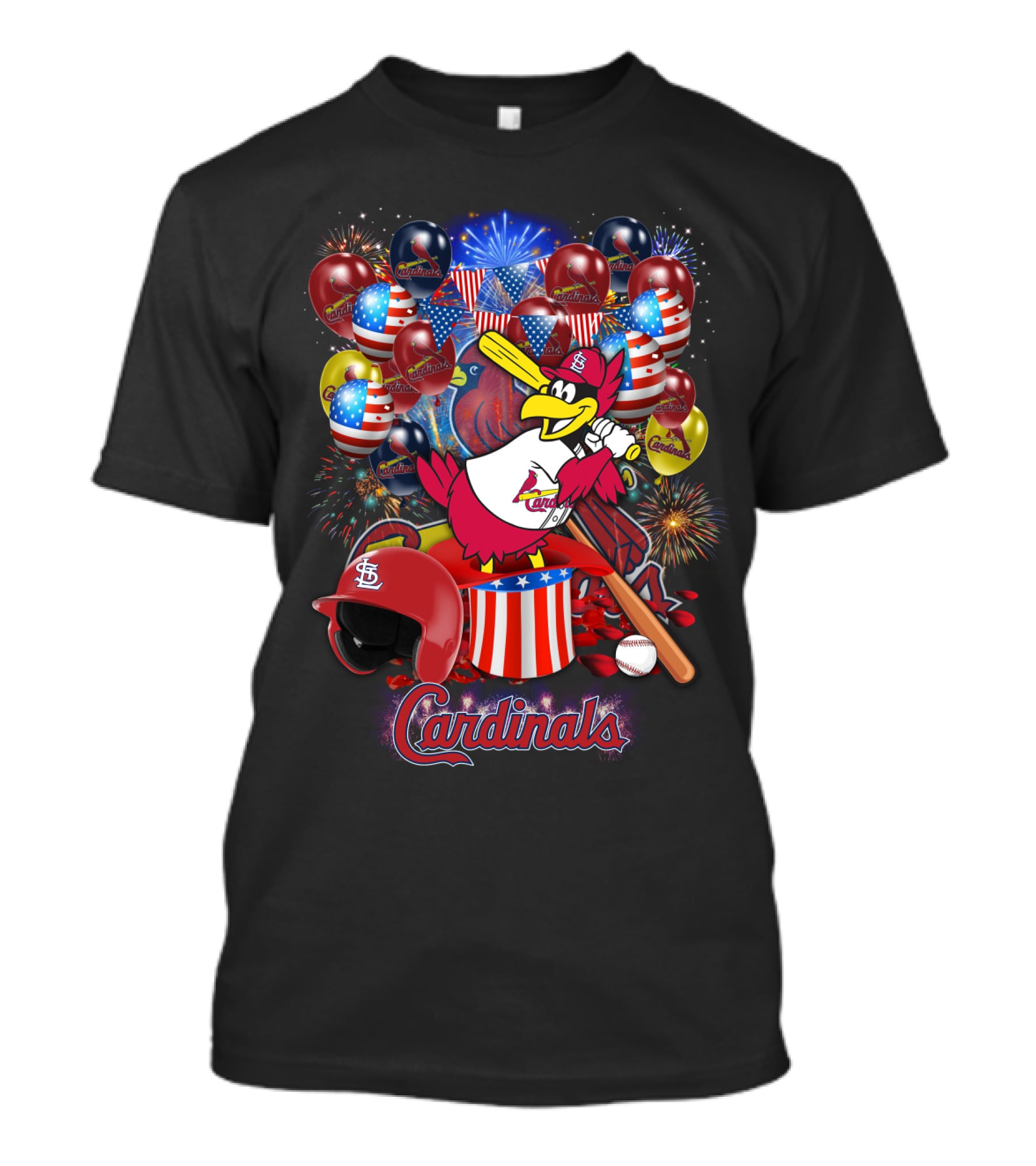 St Louis Cardinals Patriotic Fireworks And Balloons T-Shirt