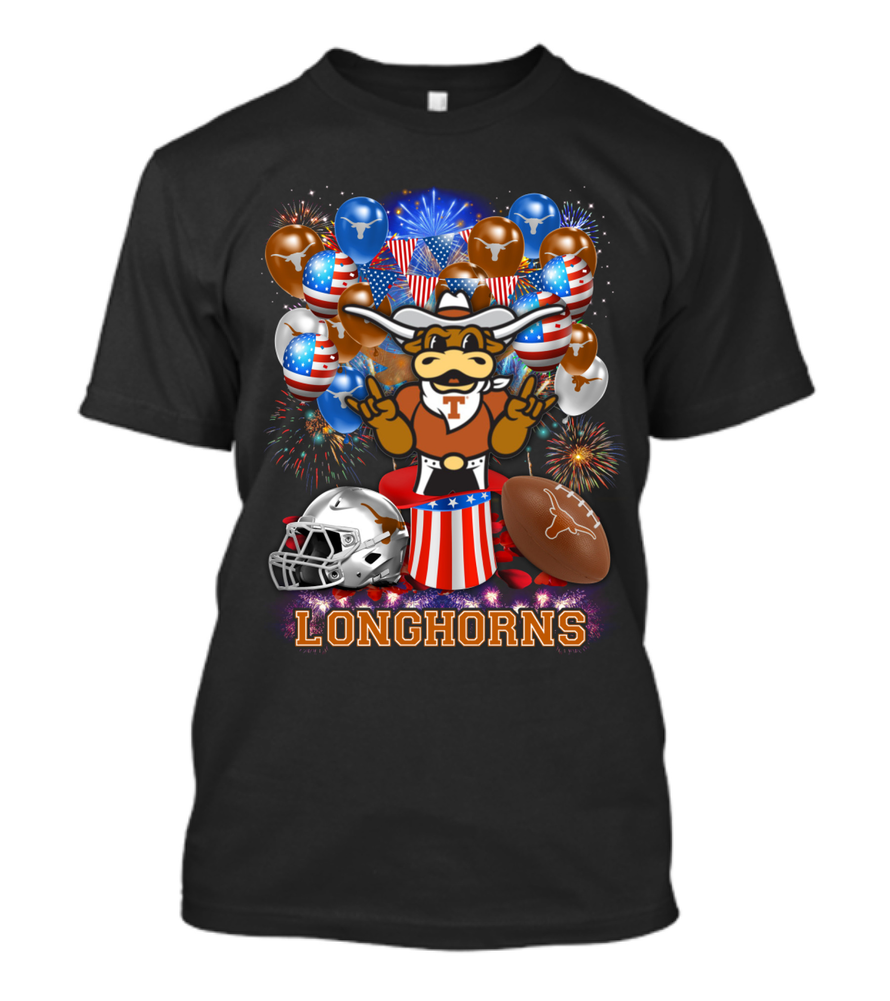 Ncaa Texas Longhorns Mascot Fireworks Balloons Helmet Football T-Shirt