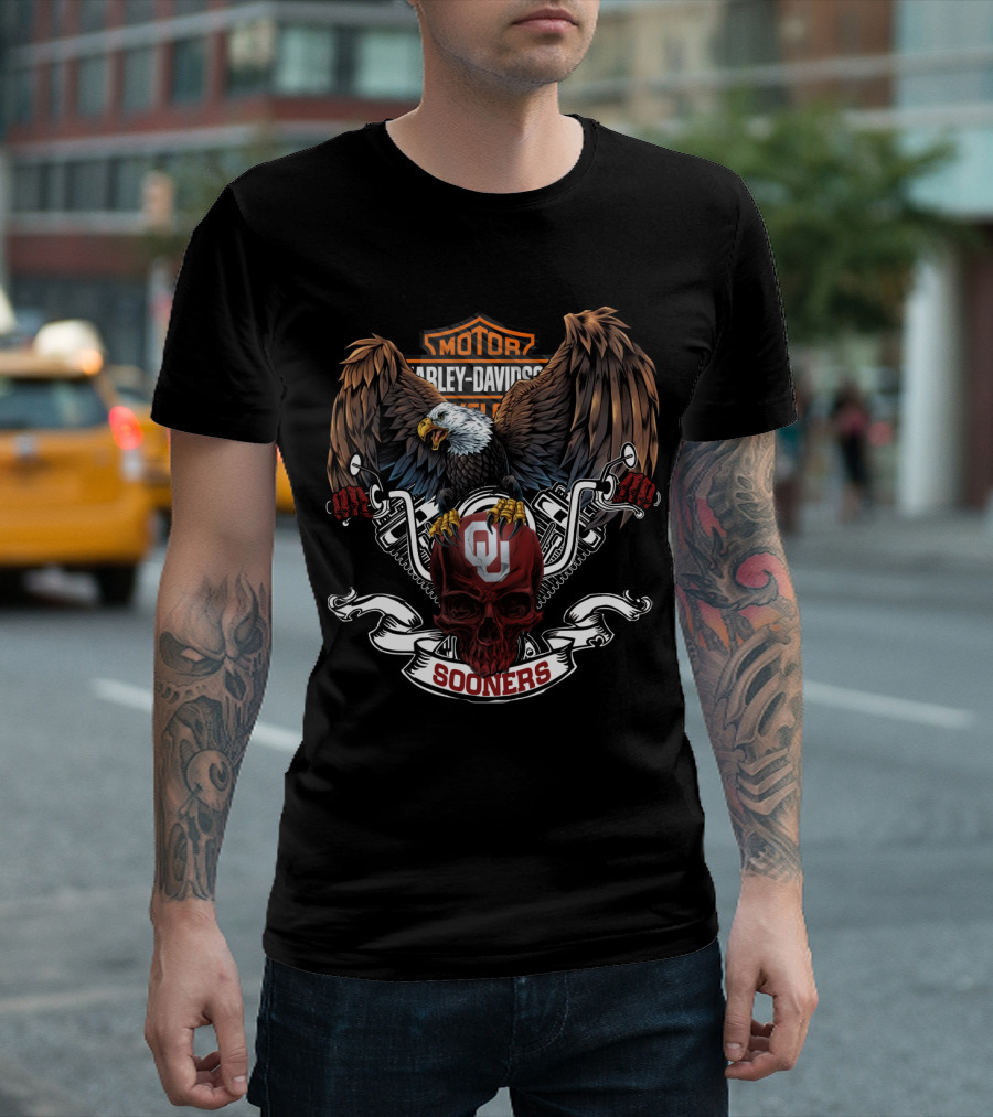 Motor Harley Davidson Cycles Oklahoma Sooners Bald Eagle Skull T-Shirt