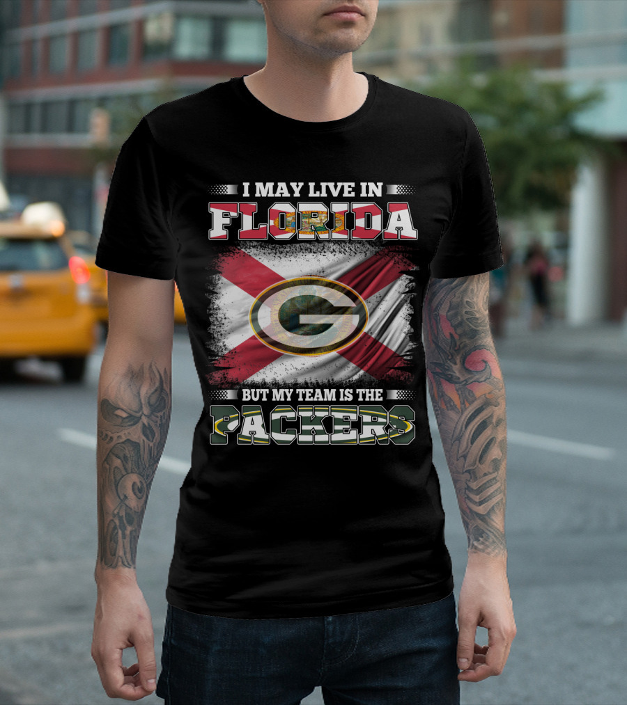 I May Live In Florida With State Flag Background But My Team Is The Packers Nfl T-Shirt