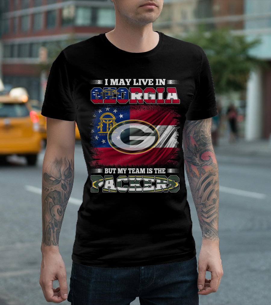 I May Live in Georgia But My Team Is the Packers Georgia Flag Green Bay T-Shirt