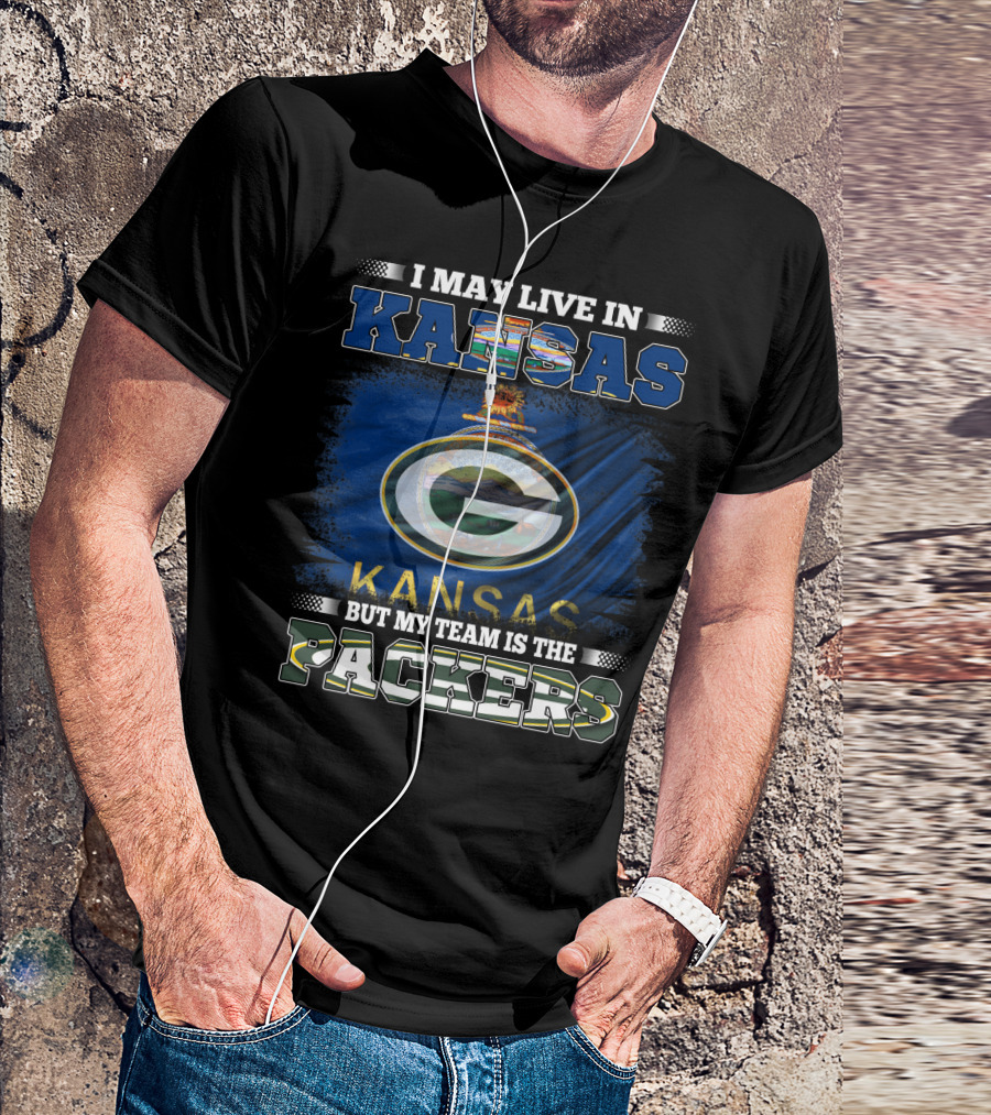 I May Live In Kansas But My Team Is The Packers Featuring Kansas Flag And Green Bay T-Shirt