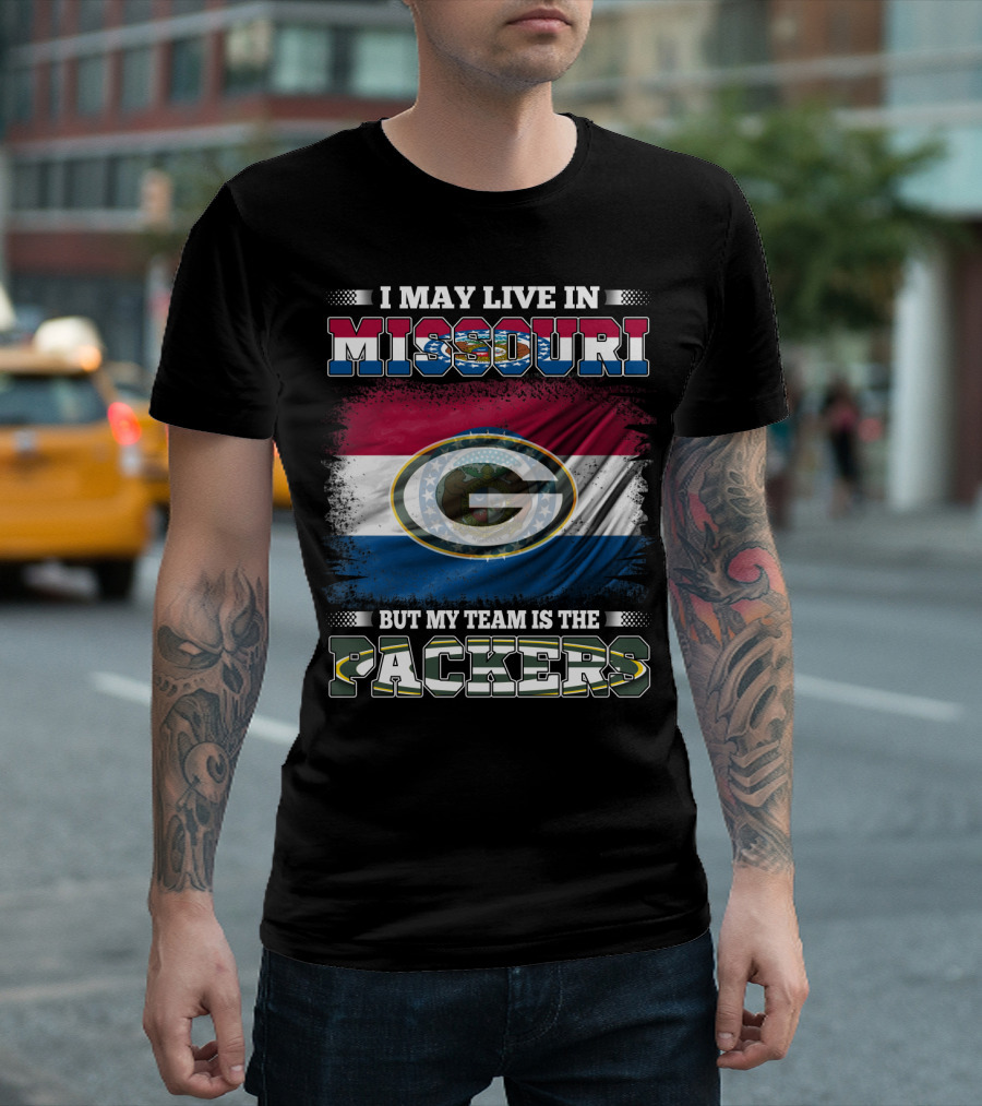 I May Live in Missouri But My Team is the Packers with Green Bay Logo on Missouri State Flag T-Shirt