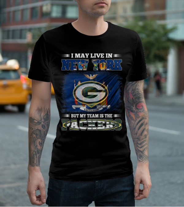 I May Live In New York Packers Team Excelsior Flag T-Shirt