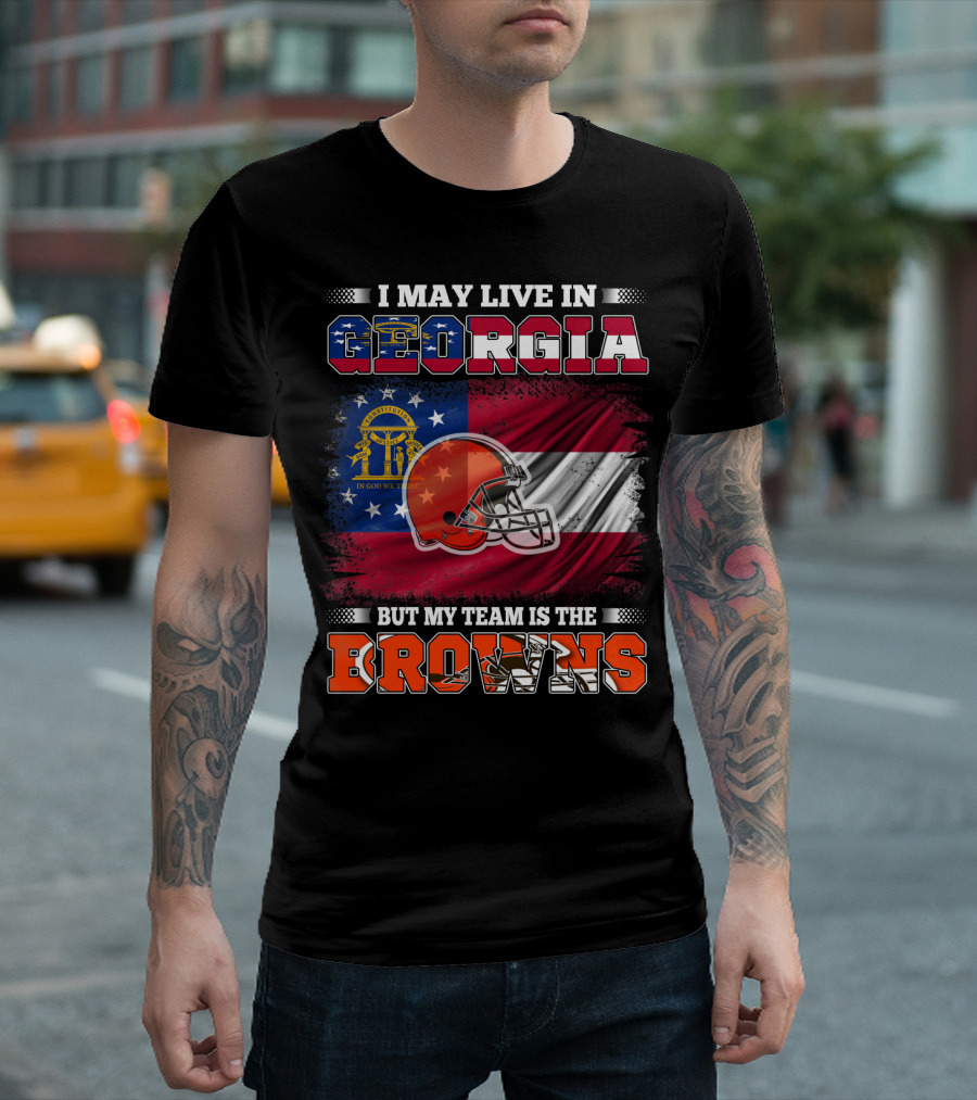 I May Live in Georgia But My Team Is the Browns Football Helmet Flag T-Shirt