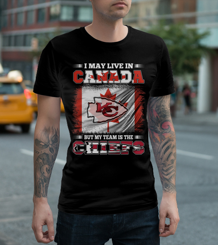 Chiefs Enthusiast Living In Canada With Kansas City Logo And Canadian Flag Background T-Shirt