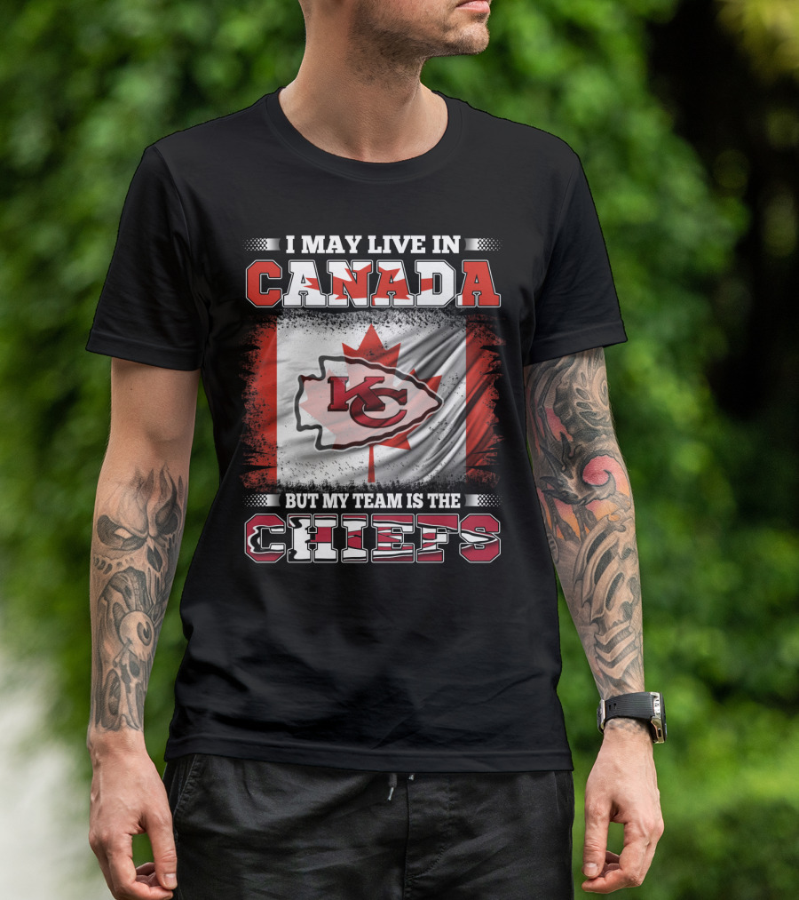 Chiefs Enthusiast Living In Canada With Kansas City Logo And Canadian Flag Background T-Shirt