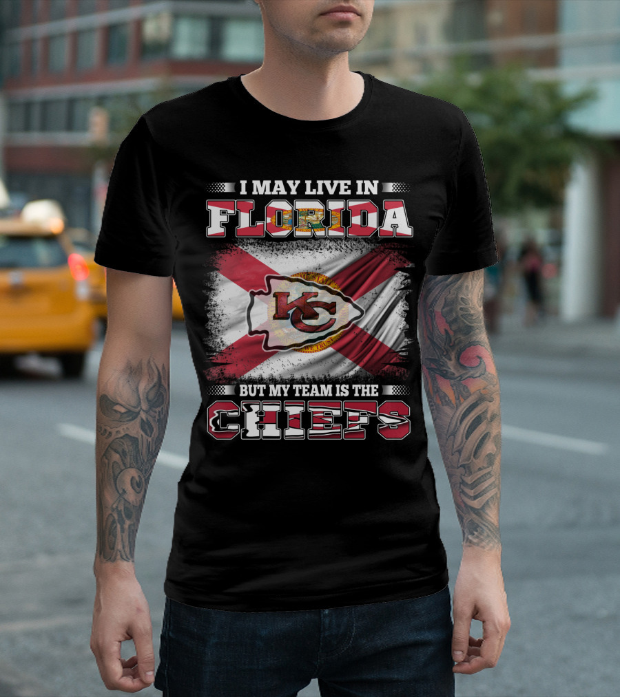 I May Live in Florida but My Team Is the Chiefs KC Logo Florida Flag T-Shirt