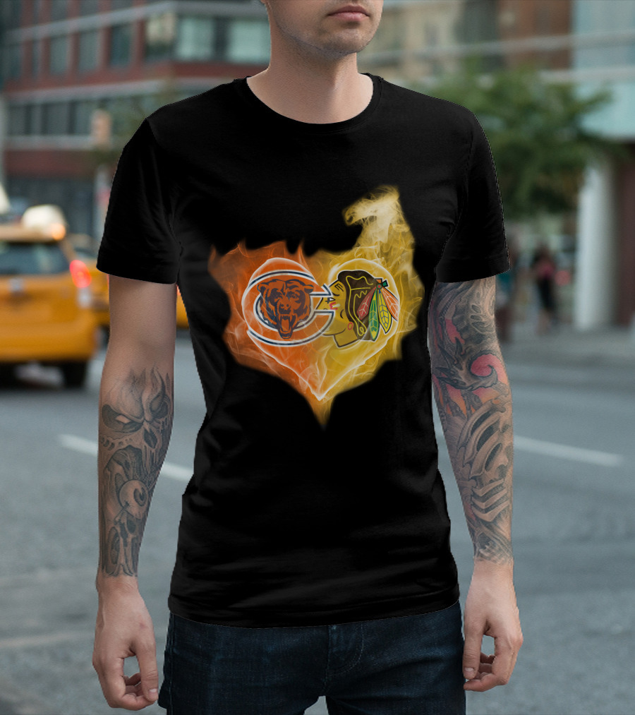 Bears Chicago Blackhawks Fire Heart T-Shirt