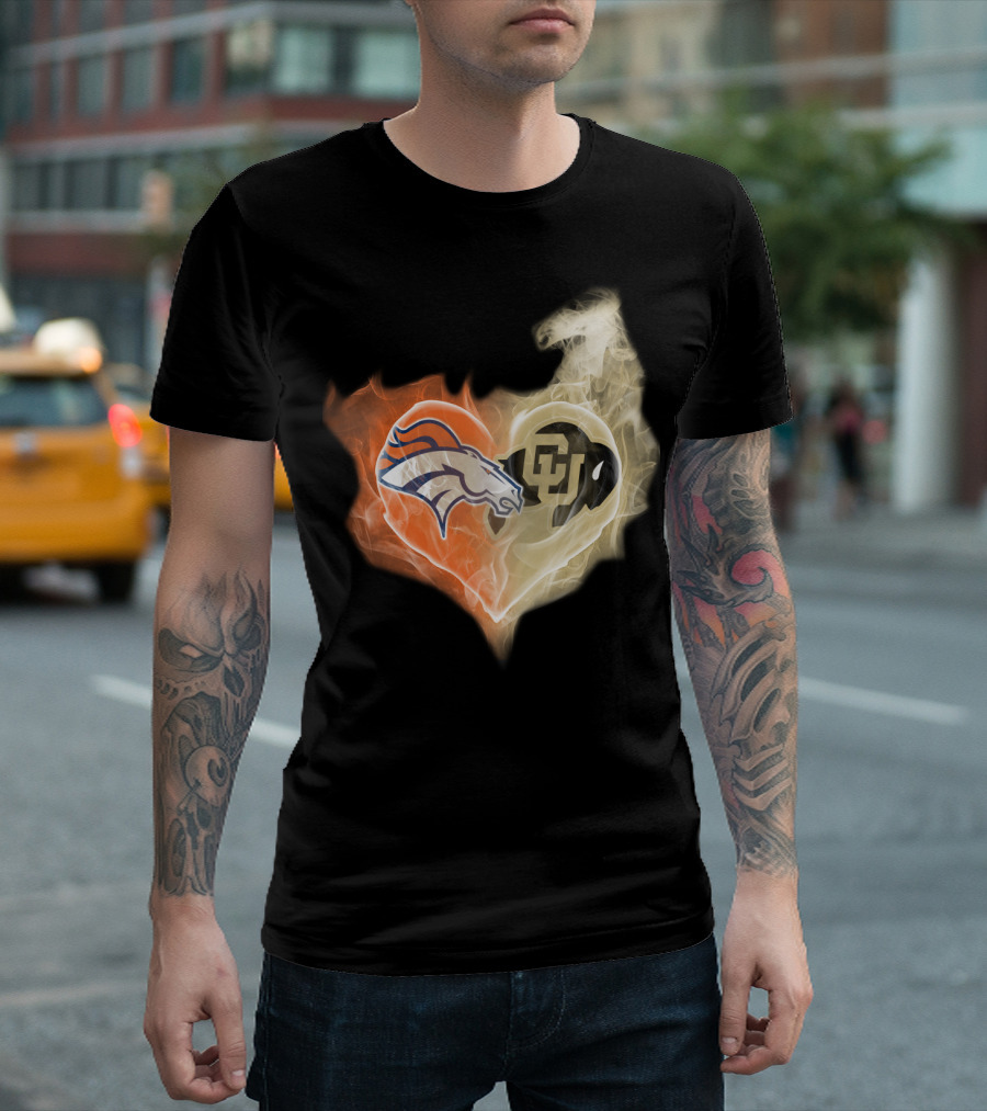 Broncos Colorado Buffaloes Heart-Shaped Flames T-Shirt