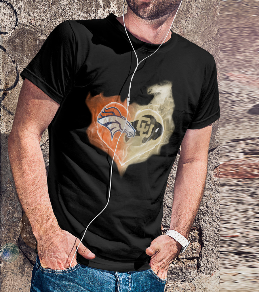 Broncos Colorado Buffaloes Heart-Shaped Flames T-Shirt