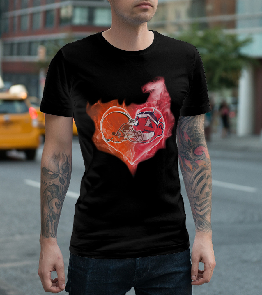 Browns Cleveland Indians Helmet Heart Fire Fusion T-Shirt