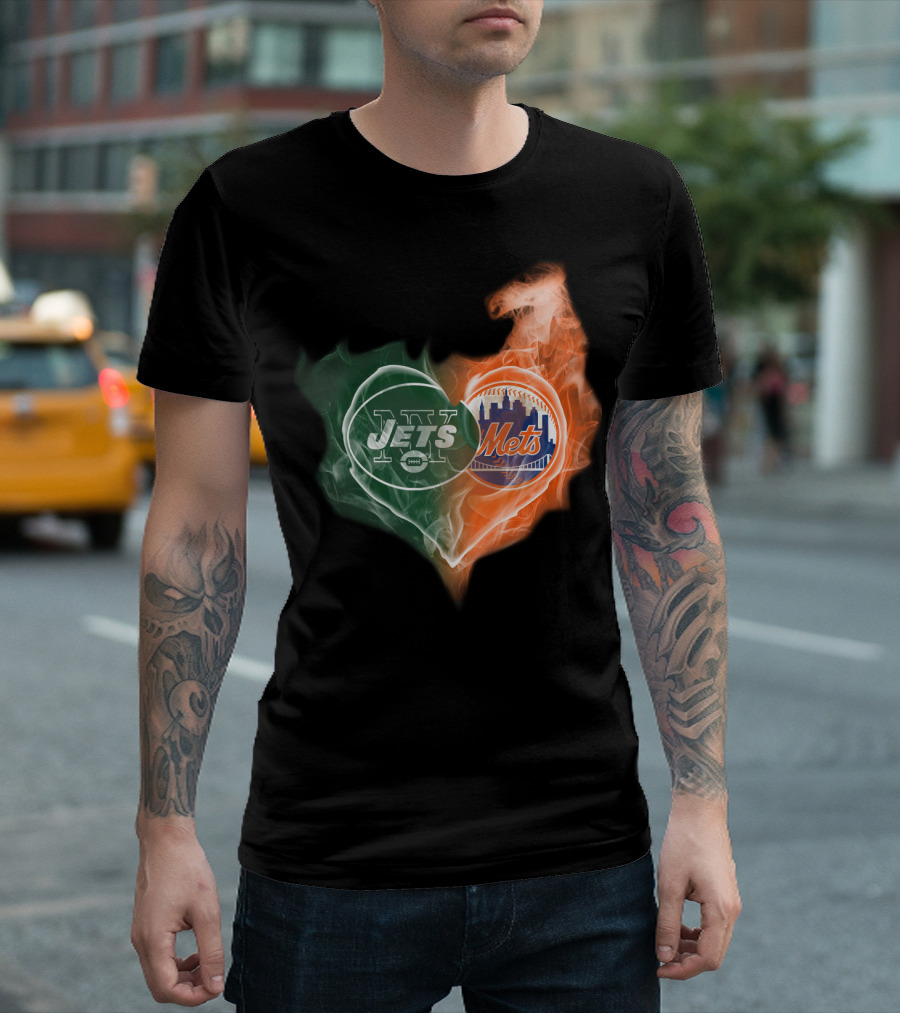 New York Jets Mets Heart Smoke Logo Fusion T-Shirt