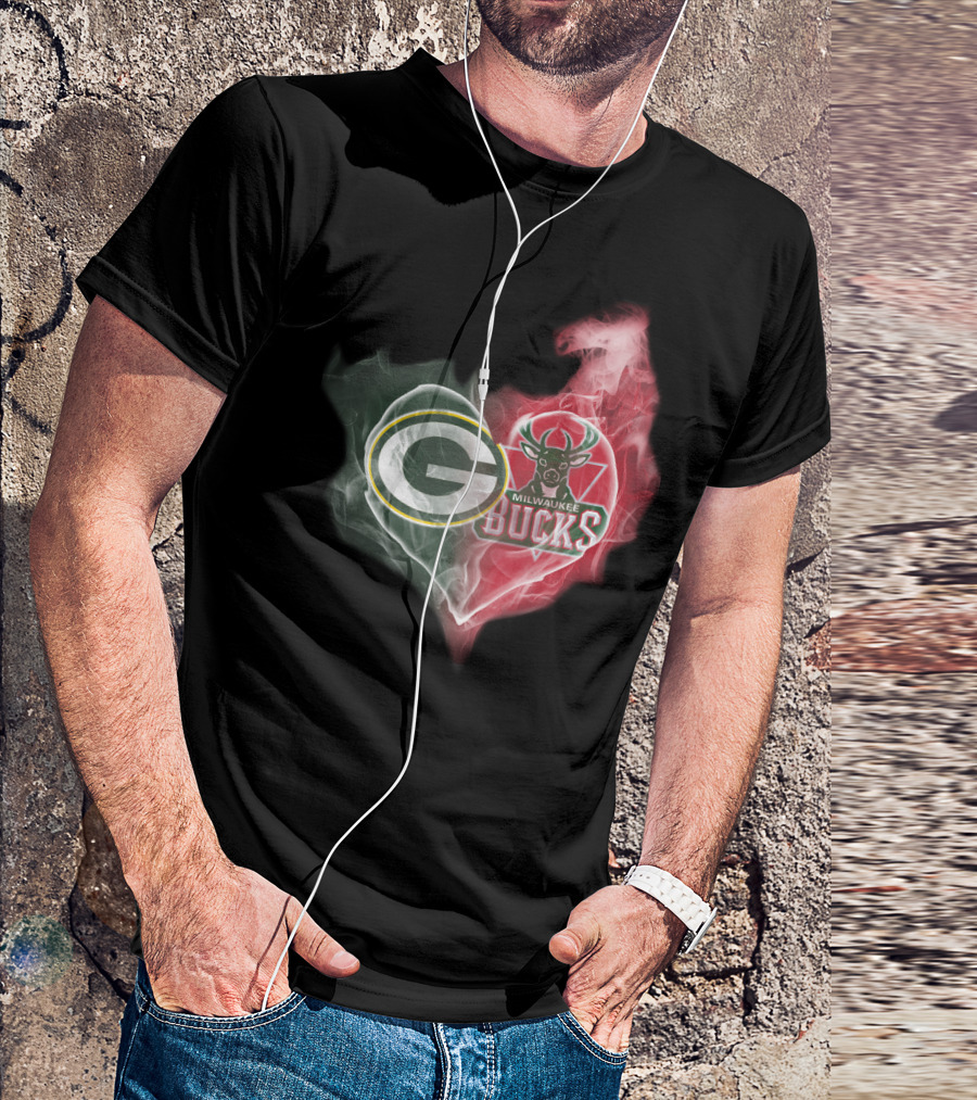 Green Bay Packers And Milwaukee Bucks Heart Fusion T-Shirt