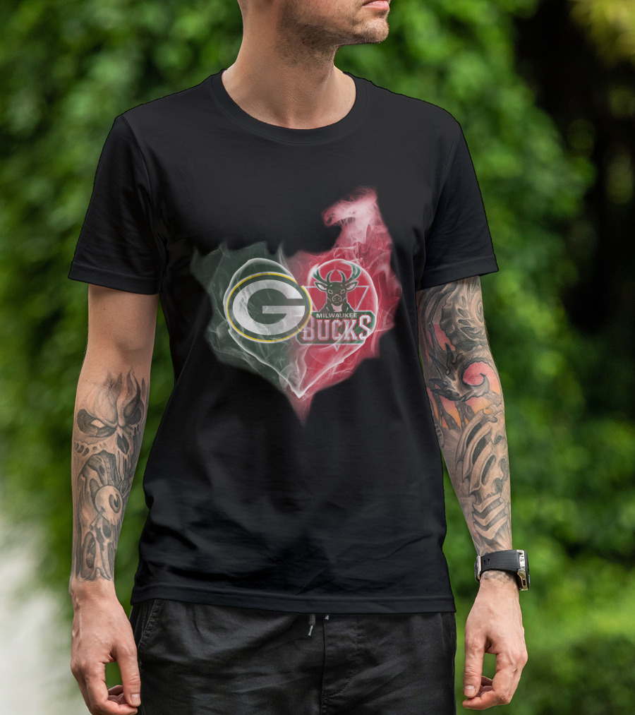 Green Bay Packers And Milwaukee Bucks Heart Fusion T-Shirt